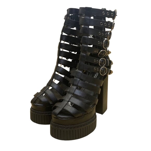 LaModa Women’s Black Faux Leather Platform Gothic Heeled Sandals Size 8 - Picture 3 of 11